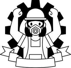 black and white logotype icon of a worker wearing a hard hat in front of a gear