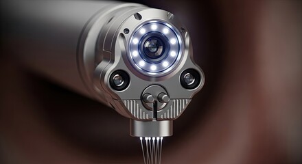 Close up of a modern industrial endoscope camera with bright LED illumination for inspection.