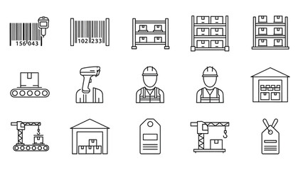 Comprehensive collection of minimalist line icons representing warehouse operations, logistics, and inventory management for modern business solutions