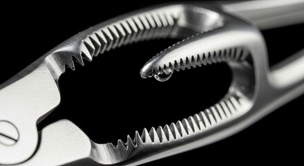 Close-up of a shiny metal nutcracker with a water droplet, against a dark background.