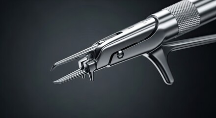 Close-up of a surgical stapler on a dark background.