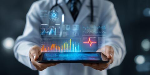 Doctor holding tablet with colorful digital health data charts and virtual diagnostics interface
