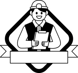 black and white logotype of a man in a hard hat is holding a clipboard