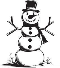 Cute snowman wearing a hat and scarf on a white winter background