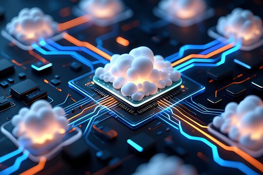Futuristic digital cloud network with glowing circuit connections. Represents global data transfer, online storage, cybersecurity, artificial intelligence, and business technology solutions.