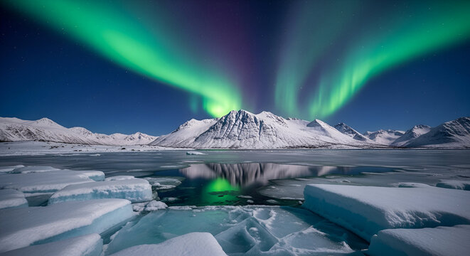 Aurora borealis over snow-covered mountains and icy lake - Powered by Adobe