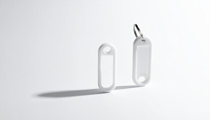 Two white, oblong keychains cast soft shadows on bright background