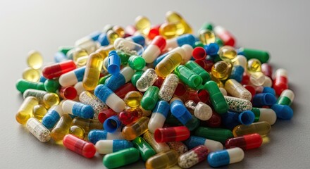 Colorful Assortment of Pharmaceutical Pills and Capsules on a White Background.