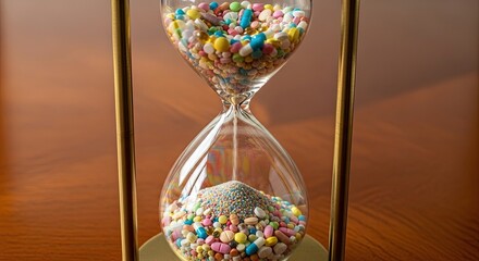 Colorful Candy Filling an Hourglass Symbolizing Sweet Time and Sweet Memories.