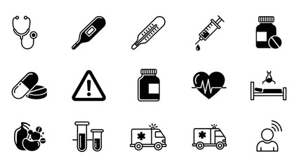 Extensive Collection of Essential Healthcare and Medical Concept Icons for Wellness and Emergency Services