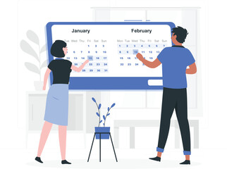 Couple marking dates on a large calendar displaying January and February planning scheduling