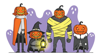 Vector art of halloween pumpkin head characters spooky pumpkin monsters in costumes with ghosts for halloween background and decoration