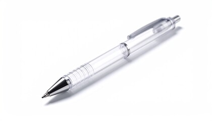 Clear plastic pen angled on a white surface