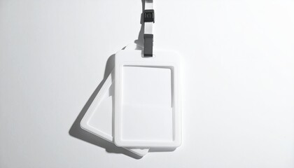 White ID holders hang from a lanyard against a white wall