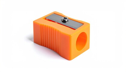 Orange block sharpener, gray blade, centered, on white