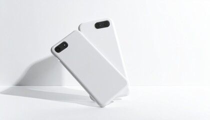 Two white phone cases, one leaning on another, plain background