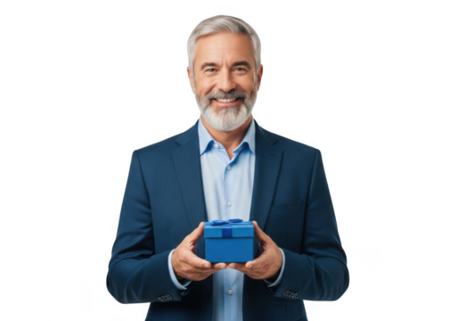 Smiling senior man in business suit holding blue gift box isolated on transparent background