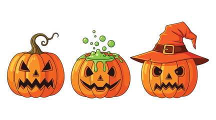 Vector art of three spooky carved pumpkins, one with a witch hat, another with a bubbling potion, perfect for halloween decorations and spooky season designs