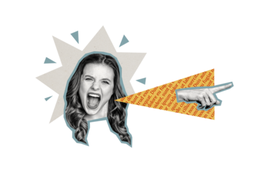 Composite photo collage of angry girl head scream boss reprimand hand point out dismissal staff termination isolated on painted background