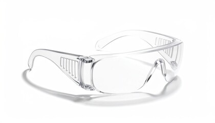 Clear plastic safety glasses resting on a white surface