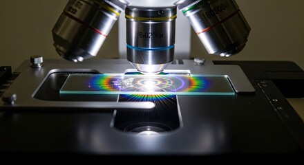 Microscope Analyzing Sample with Rainbow Interference Pattern.