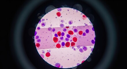 Microscopic view of blood cells with staining for analysis.