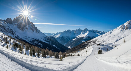 Sunlit Snowy Mountain Valley with Ski Slope mountains