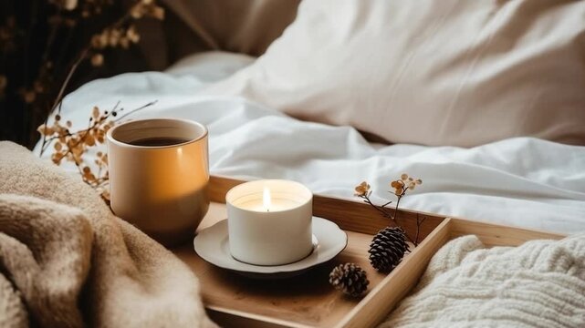 Cozy morning scene with warm beverage, candle, and soft textiles for a relaxing ambiance in a serene bedroom setting