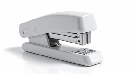 White stapler on white surface. Simple office tool