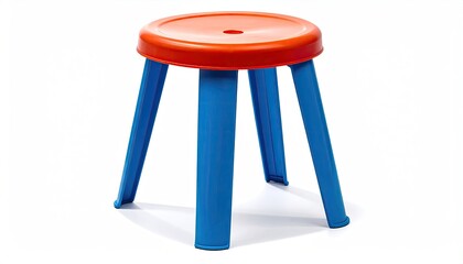 Bright plastic stool red seat, blue legs, against white