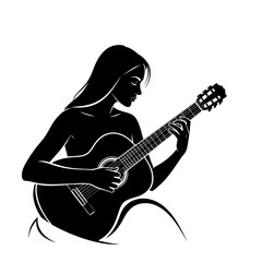 Graceful Silhouette Illustration of a Woman Playing a Classical Guitar Performance