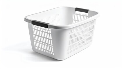 White, perforated plastic laundry basket on white background