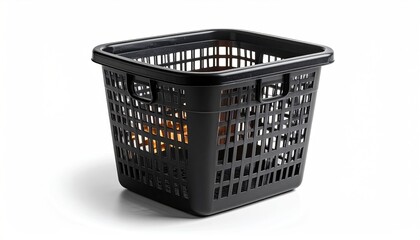 Black plastic laundry basket with orange fabric inside