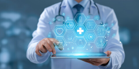 Doctor holding tablet with floating health icon and futuristic digital interface for smart medical care
