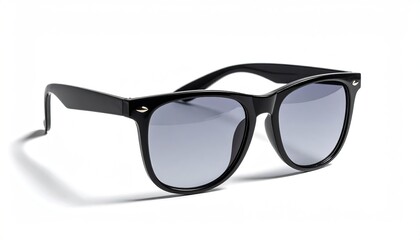 Black-framed sunglasses with gray gradient lenses, white backdrop