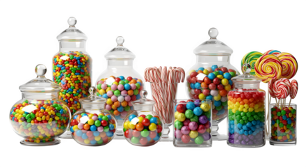 A vibrant collection of colorful candies and sweets displayed in glass jars, evoking joy and indulgence.