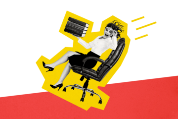 Composite photo collage of happy businesswoman ride chair hold book stack bookworm purchase hobby reader isolated on painted background