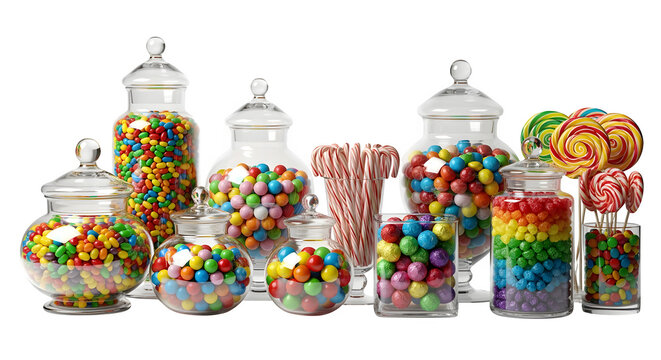 A vibrant collection of colorful candies and sweets displayed in glass jars, evoking joy and indulgence.