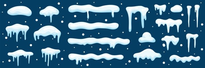 A set of snow caps, snowballs, and snowdrifts. Vector collection of snow caps. Snow elements on a winter background