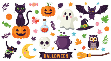 Vector art of halloween set featuring a black cat, pumpkin, ghost, bat, witch hat, cauldron, skull, owl, broom, moon, and various candies and leaves for festive designs
