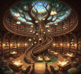 Obraz premium Enchanted Tree Library A Whimsical Haven of Knowledge