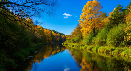 Calm river flowing through an autumn forest under a blue sky