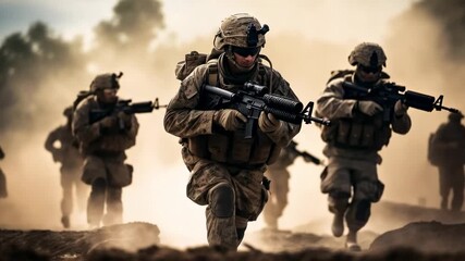 Soldiers engage in military training exercise in desert terrain while preparing for combat readiness - Powered by Adobe