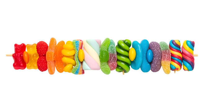 A vibrant rainbow skewer of assorted colorful gummy candies and marshmallows, a sweet treat for any celebration. - Powered by Adobe