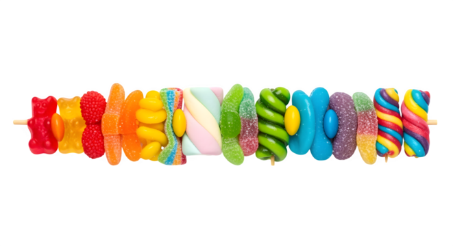 A vibrant rainbow skewer of assorted colorful gummy candies and marshmallows, a sweet treat for any celebration.