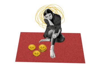 Composite photo collage of sad girl employee poverty coin reduction budget penny savings problem isolated on painted background