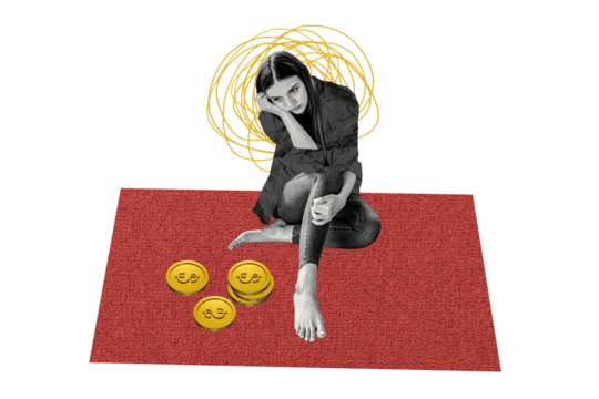 Composite photo collage of sad girl employee poverty coin reduction budget penny savings problem isolated on painted background