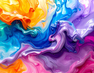 Fototapeta premium Abstract image featuring swirling and mixing vibrant colors including orange, blue, purple, and pink, creating a dynamic and fluid design.