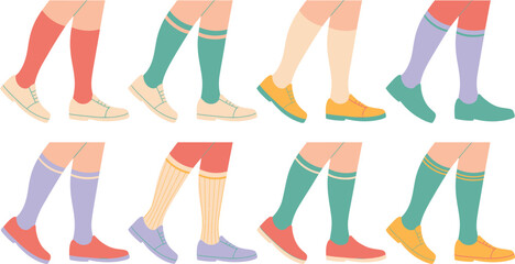 Cartoon Legs Wearing Colorful Socks and Shoes, Walking or Standing in Flat Style