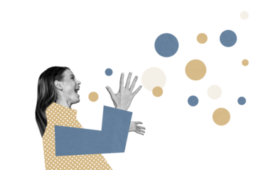 Creative photo collage image young cheerful woman joy fun geometry circles figures bubbles carefree positive mood drawing background